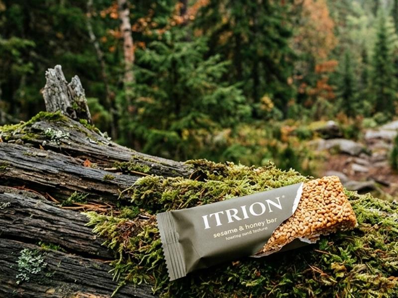 Itrion sesambar i mørkegrønn forpakning på tur i norsk furuskog